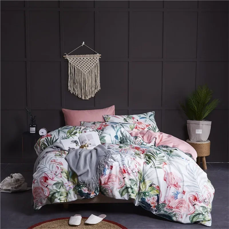 29Color 4/6Pcs Luxury Egyptian Cotton Bedding Set Queen King size Bright Flamingo Leaf Duvet Cover Bed sheet set Fitted sheet