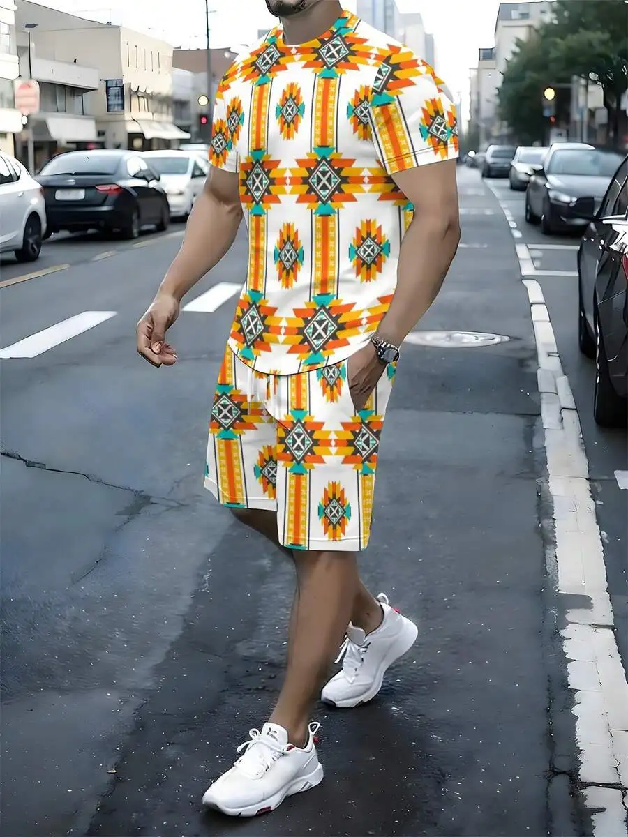 

Mens Summer Two Piece Set With Geometric Totem Print Loose Fit Breathable Shorts And T-Shirt