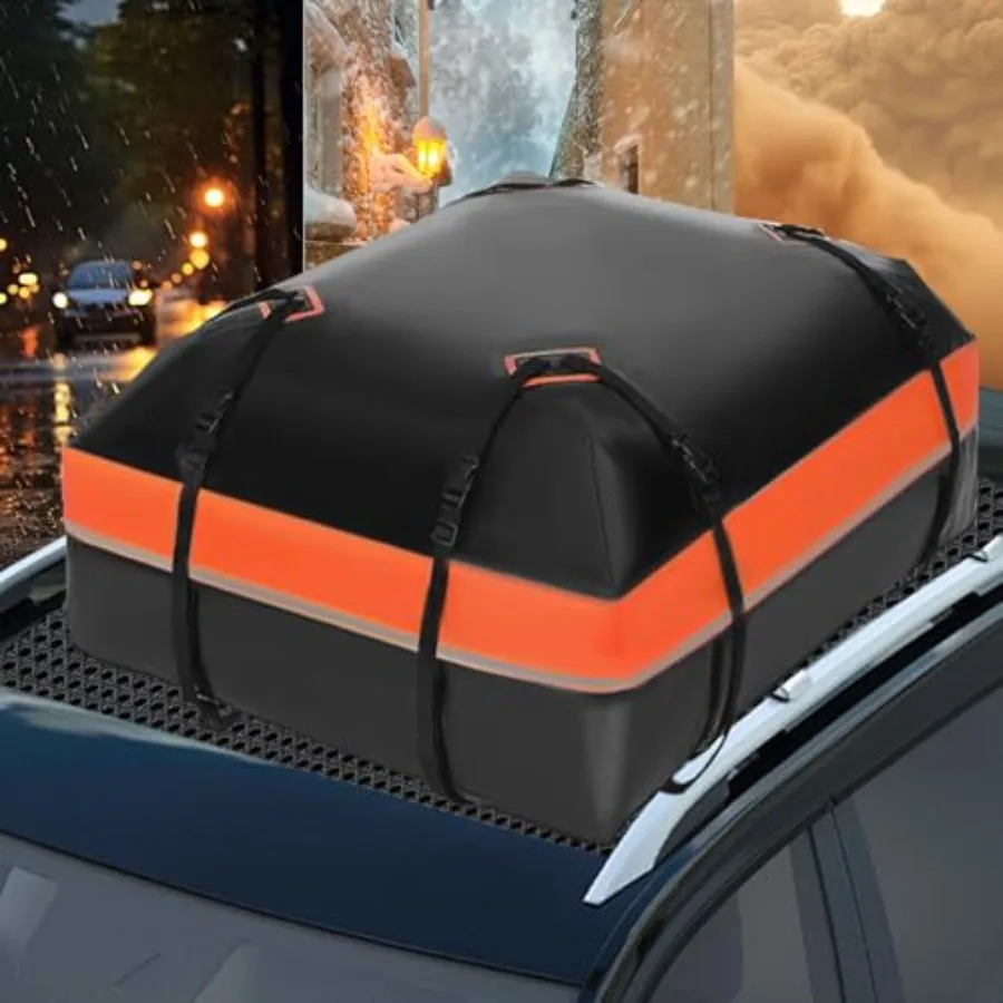 

Car Roof Bag 15 Cubic Feet Waterproof Rooftop Cargo Carrier for All Cars with Anti-Slip Mat 8 Reinforced Straps 6 Door Hooks St