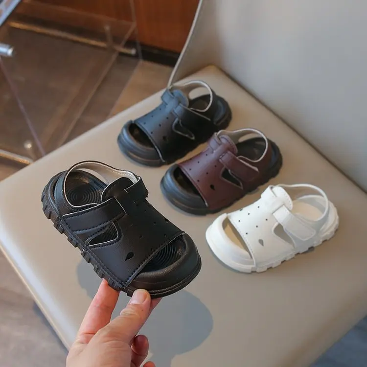 Kids Hollow Cutout Open Toe Sandals Single Wide Velcro Strap Anti-collision Toe Thick Treaded Non-slip Sole Summer Walking Shoes