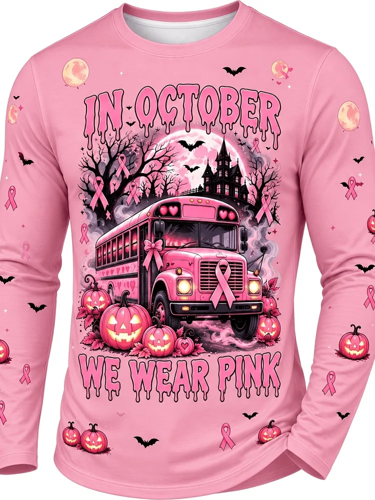 Men's Yellow Halloween Pink Ribbon Long Sleeve T-Shirt In October We Wear Pink School Bus Pumpkin Breast Cancer Awareness Tops