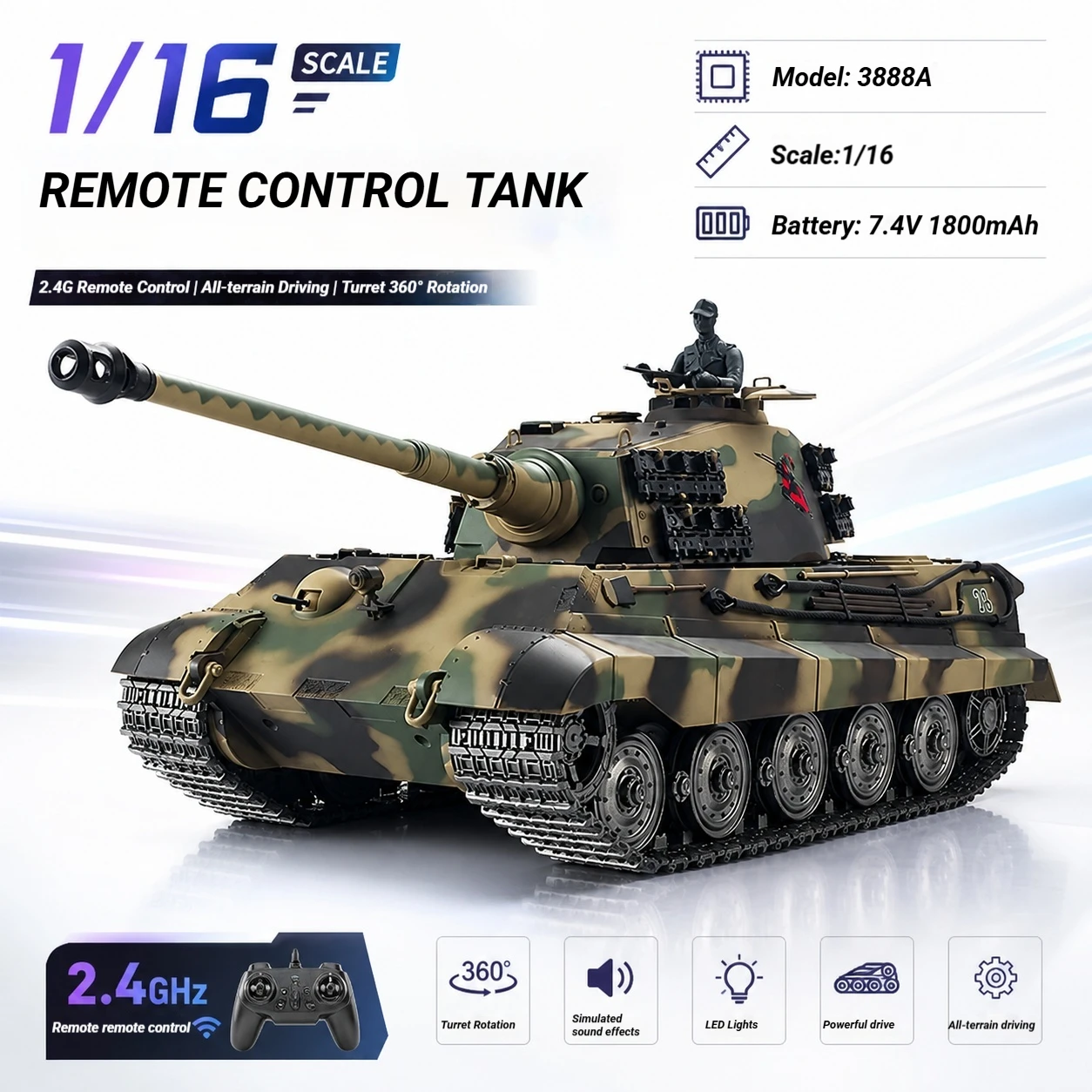 Henglong 1/16 3888A Tiger King Henschel 7.0 Remote Control Tank 2.4G Crawler Remote Control Vehicle Off-Road Model RC Tank Toy