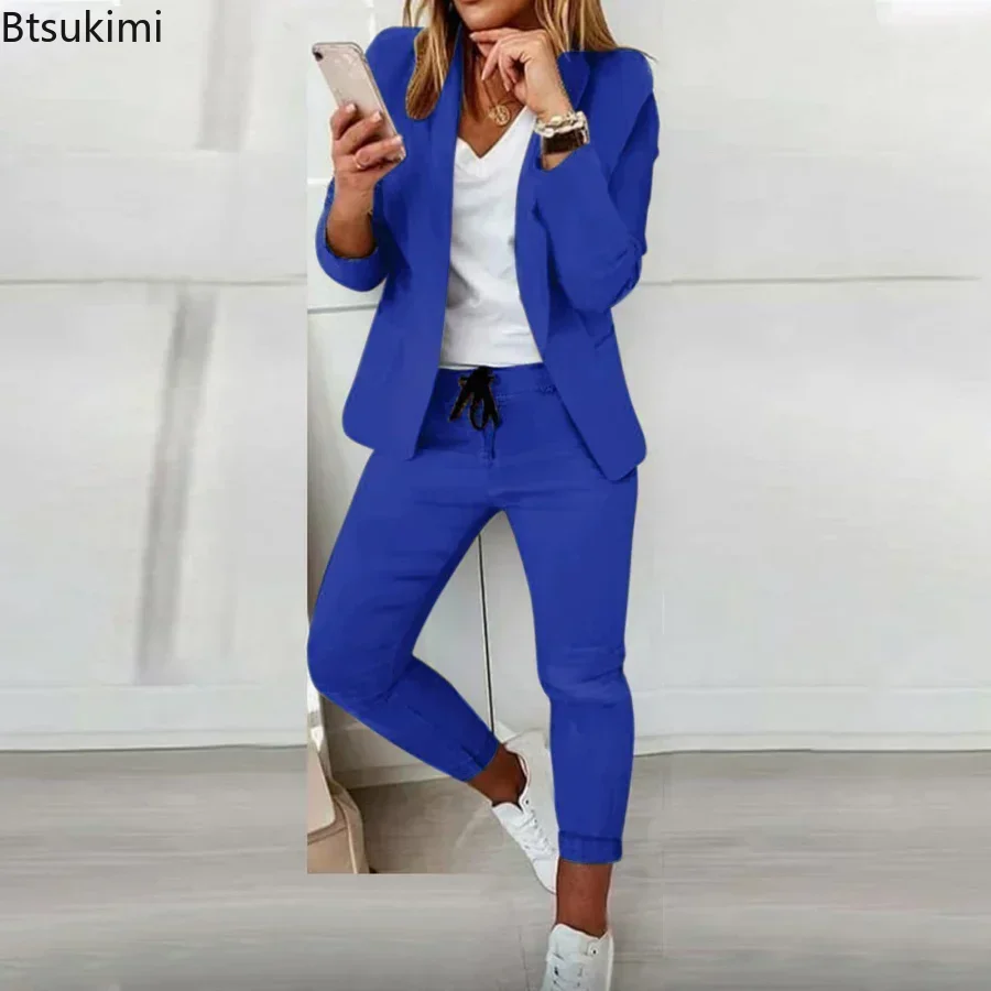 2024 Women\'s Formal Two Pieces Office Suit Sets Slim Blazer and Pants with Pocket Lapel Women Suits Office Sets 2PCS Tracksuit