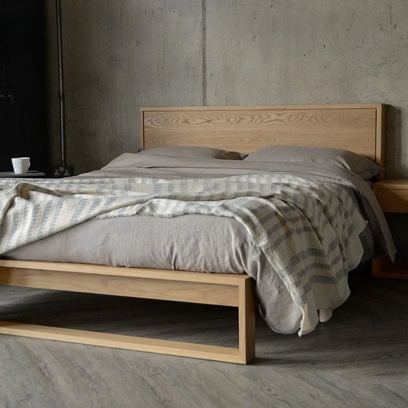 Nordic all solid wood oak double bed suspended shelf bed wabi sandy wind log simple light luxury