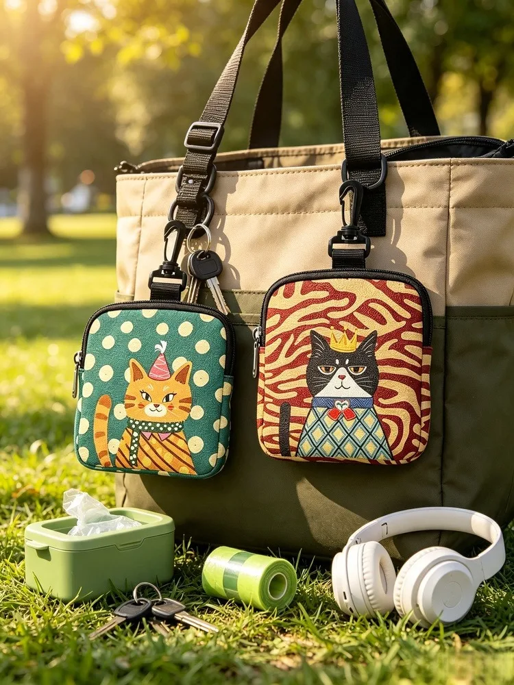 Floral Black Cat Zero Wallet Multifunctional Clip-on Pet Treat Pouch Hands-free Mini Organizer for Snacks Earbuds & Small Items