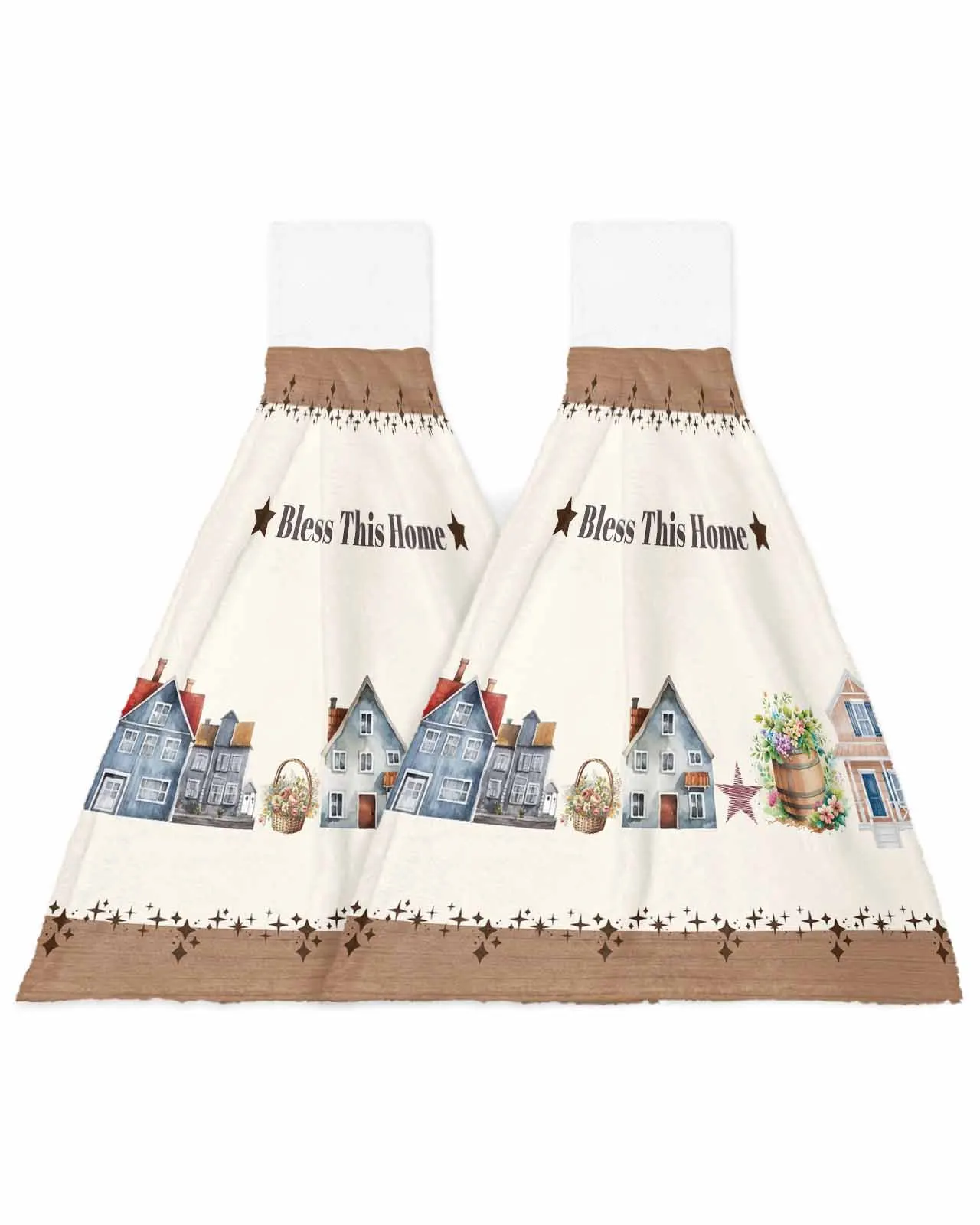 Watercolor House Stars Wood Grain Hand Towel Hanging Cloth Quick Dry Absorbent Towel Kitchen Hanging Towel Cleaning Rag