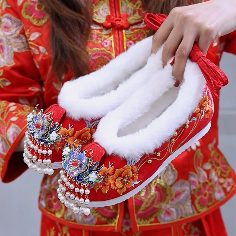 

Свадебные туфли Xiuhe из китайского бархата, красные, для традиционного костюма Хань, в античном стиле, с вышивкой, тканевые туфли