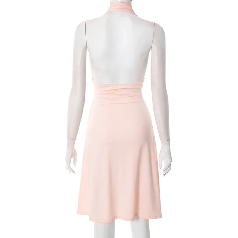 Abito longuette da donna con scollo all'americana senza schienale solido Abito longuette sexy con scollo a V profondo senza maniche con volant Diviso Party Clubwear Abiti da spiaggia per le vacanze di moda