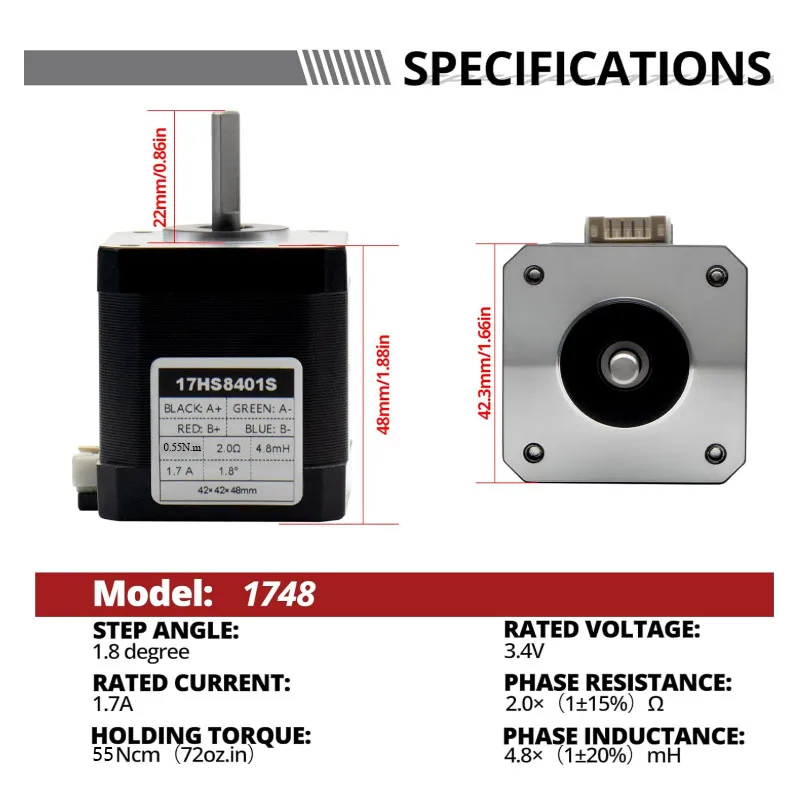Nema 17 Stepper Motor, 1.7A  55Ncm(72oz.in) High Torque Motor, Bipolar  Stepper Motor with 1m Cable & Connector for 3D Printers
