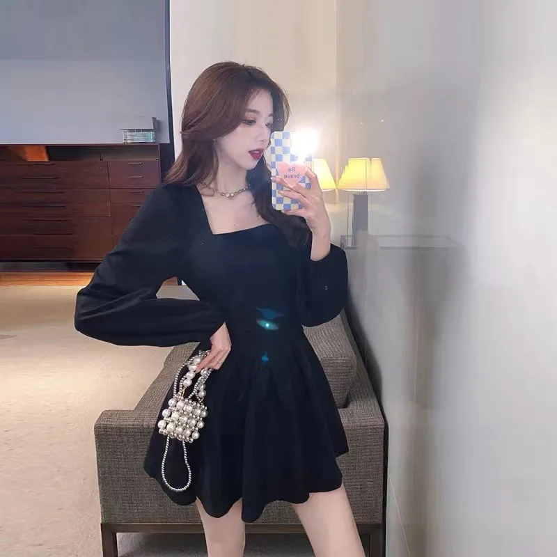 Black Puffy Mini Dress For Women French Style Square Collar Sweet Casual Ladies Solid Color Full Sleeve Vestidos Spring/Summer