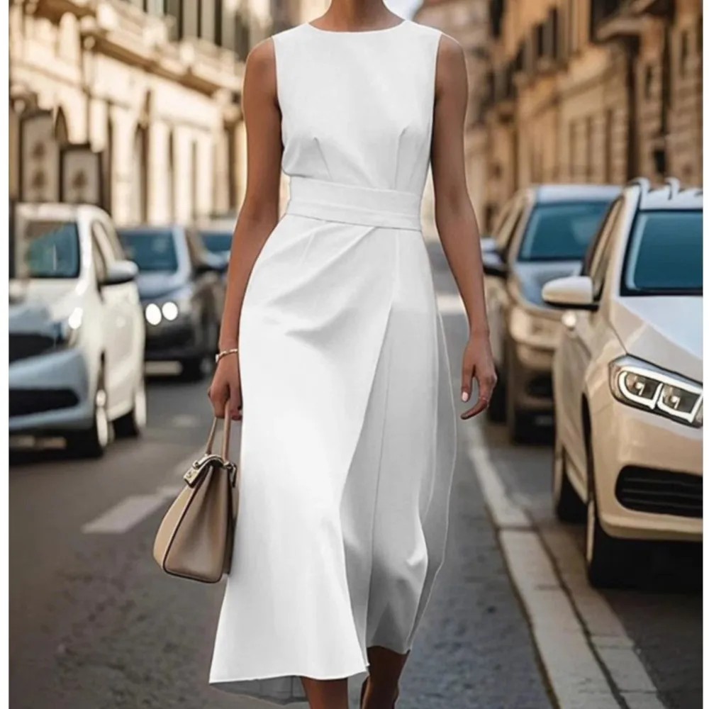 

Сексуальная модная однотонная повседневная однотонная повседневная юбка без рукавов с круглым вырезом и летней плиссированной длинной юбкой, женская одежда