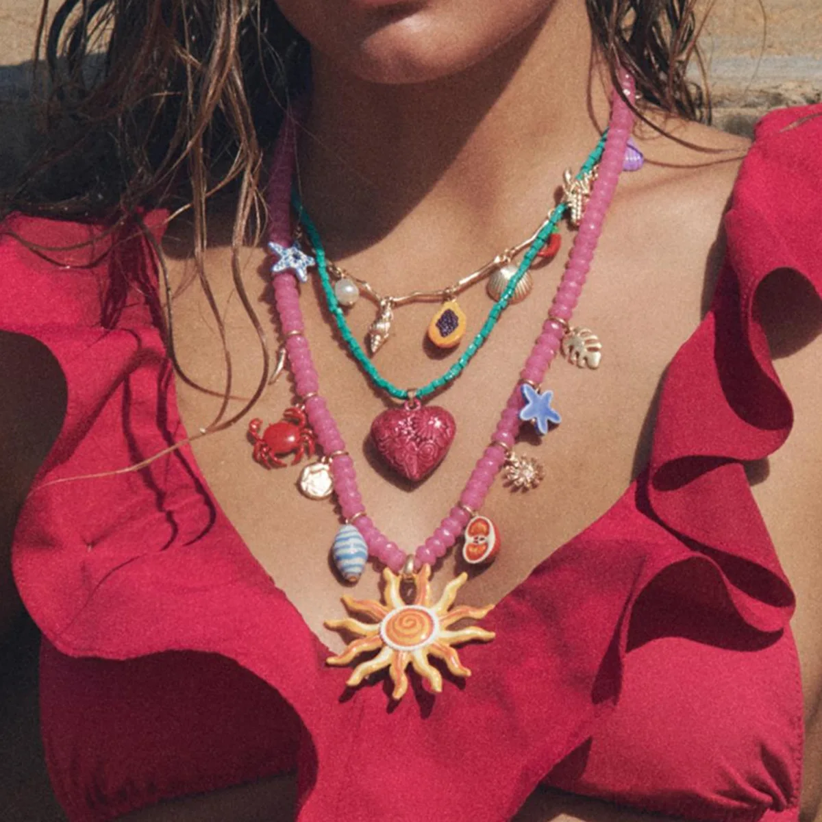 

ZAA Personality Pink Resin Beaded Heart Sun Flower Pendant Necklaces for Women 2025 Trend Summer Beach Party Jewelry Gifts