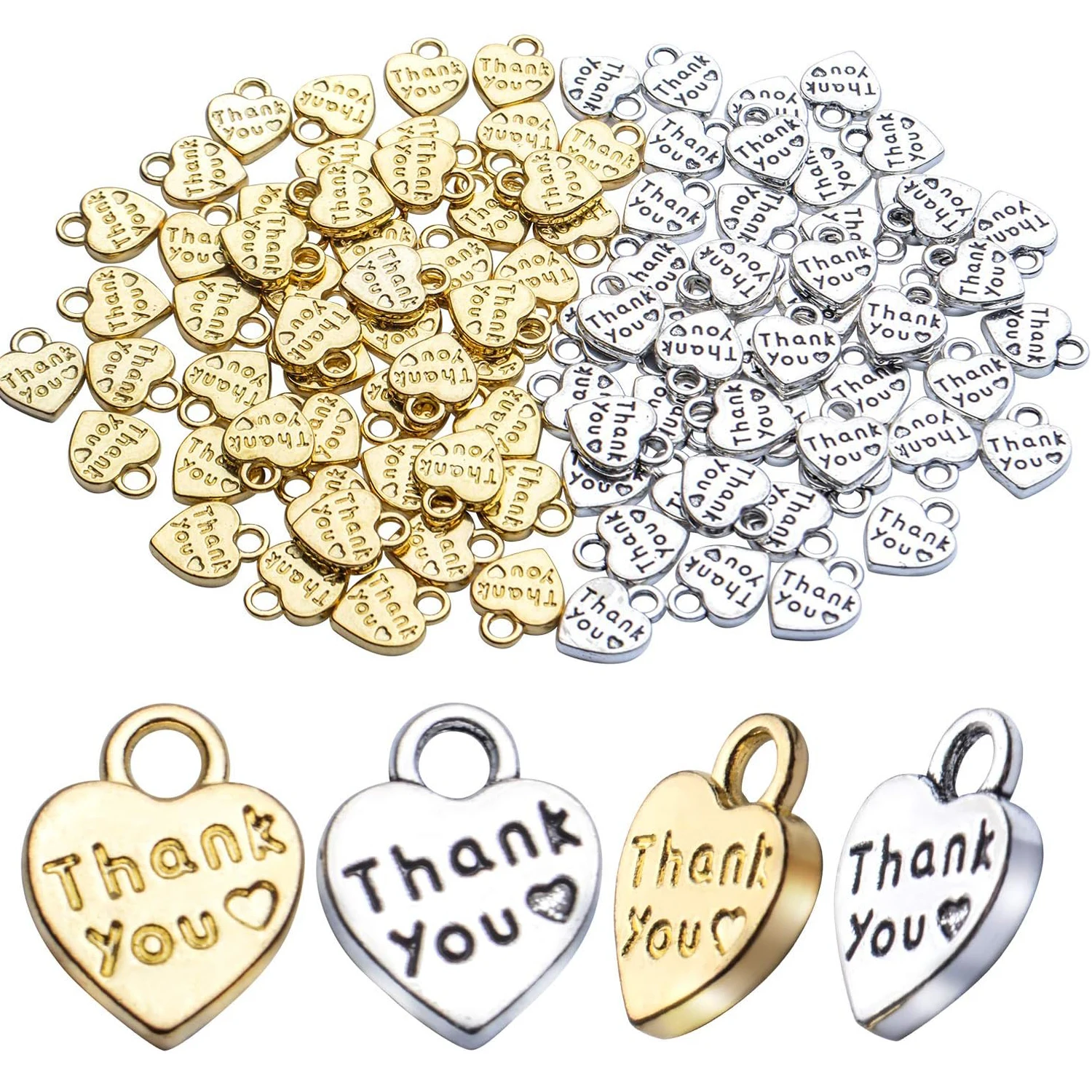 

100pcs Antique Word Heart Charms, Thank You Heart Charm, Bulk Crafts Supplies for Jewelry DIY Necklace Bracelet Making