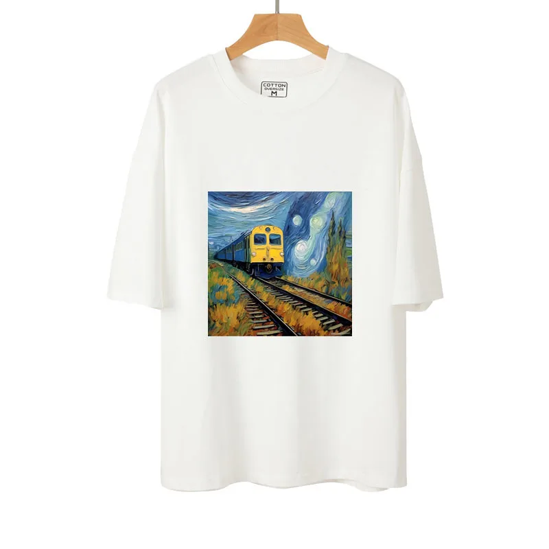 Retro Oil Painting Poster starry Train Iron-on Transfer Thermal Art Sticker For Clothes T-shirt DIY Fashion Heat Transfer Patch