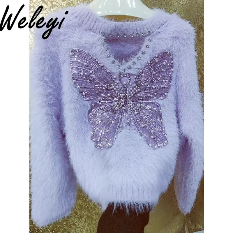 

Sweet Shiny Rhinestones Pearls Big Bow Knitted Sweater Mujer 2024 Fall New Handmade Hairy Beaded Mink Fleece Sweaterts Femme