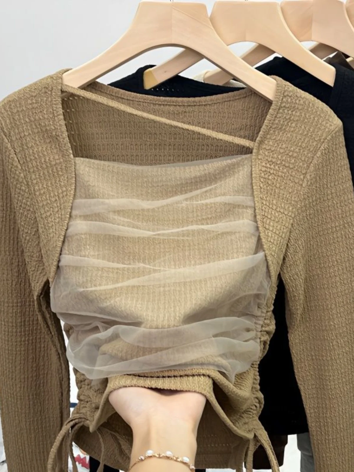 

Slimming ort Sve T-irt Women's Base irt Unique Me Splice Long Sve Square Collar Inner Wear Sli Korean Sle