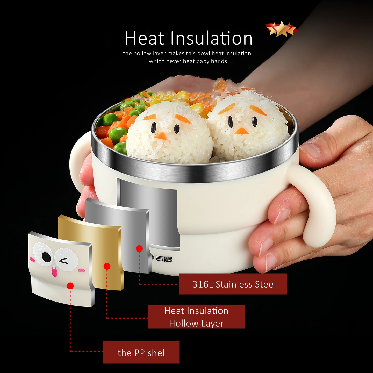 

GEDO LFGB Certification 99.9% Anti-bacterial 316L Stainless Steel Baby Bowl Heat Insulation Warm Keeping Kid's Food Container