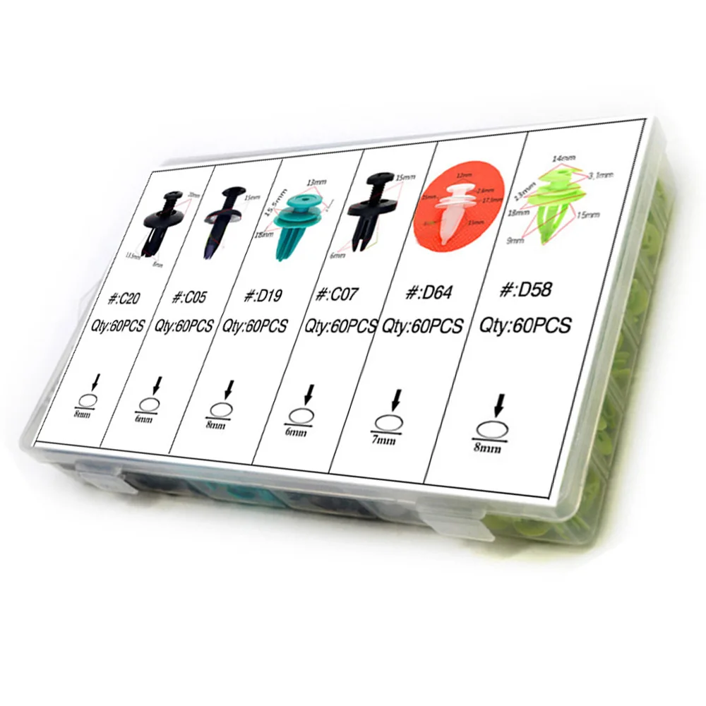 

360PCS HE20 Car Fasteners - Mixed Plastic Clips for Door Panel/Fender Fixed Transparent Box