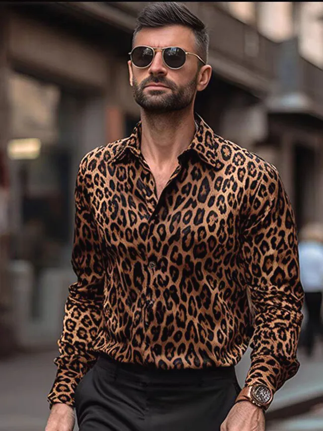 Retro Leopard Print Long Sleeve Men's Shirt Ice Silk Chiffon Stage Performance Cool Feeling No Ironing Youthful Trend Standar...