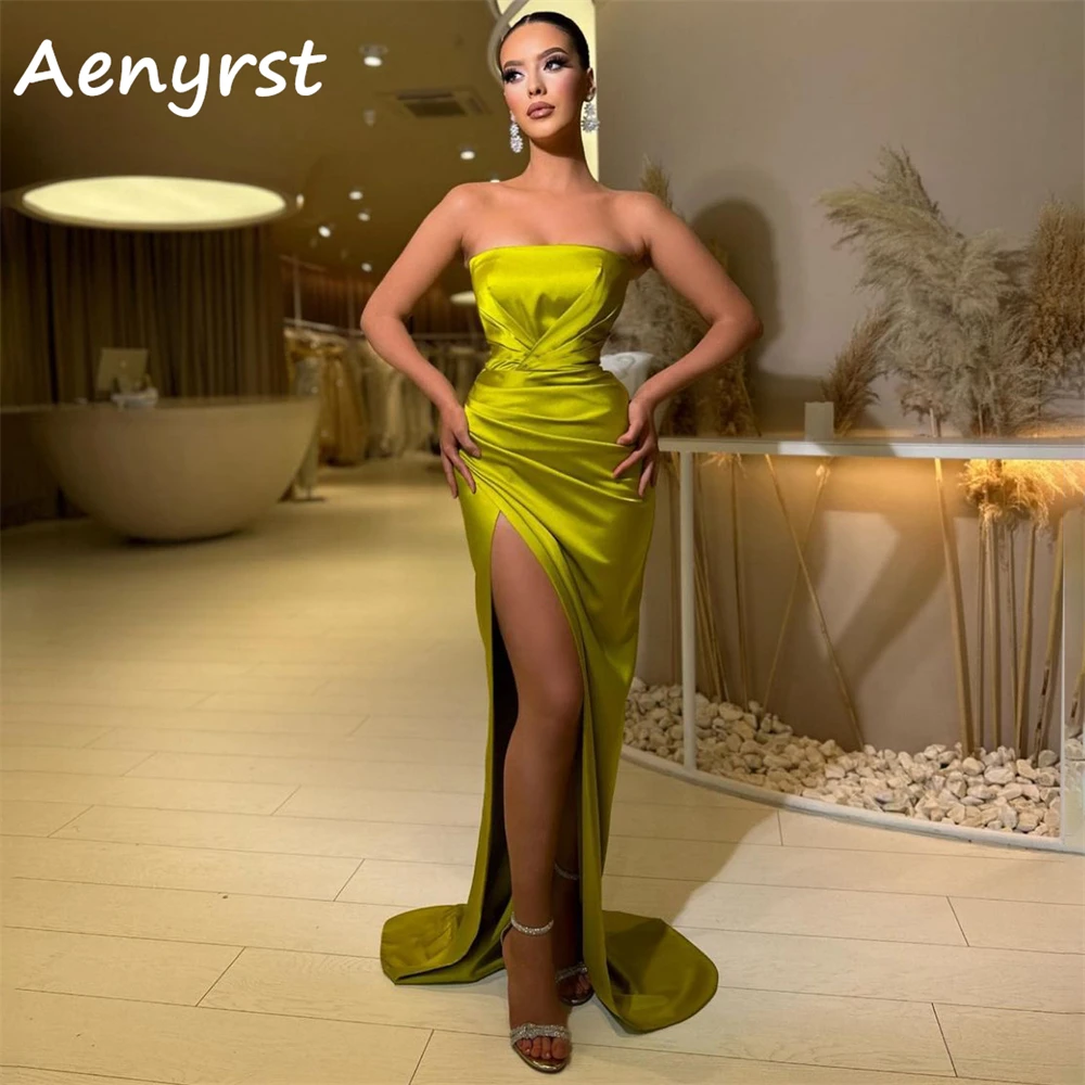 Aenyrst Sexy Strapless Satin Evening Dresses Mermaid Side High Split Prom Gowns Floor Length Dinner Party Dress فساتين السهرة