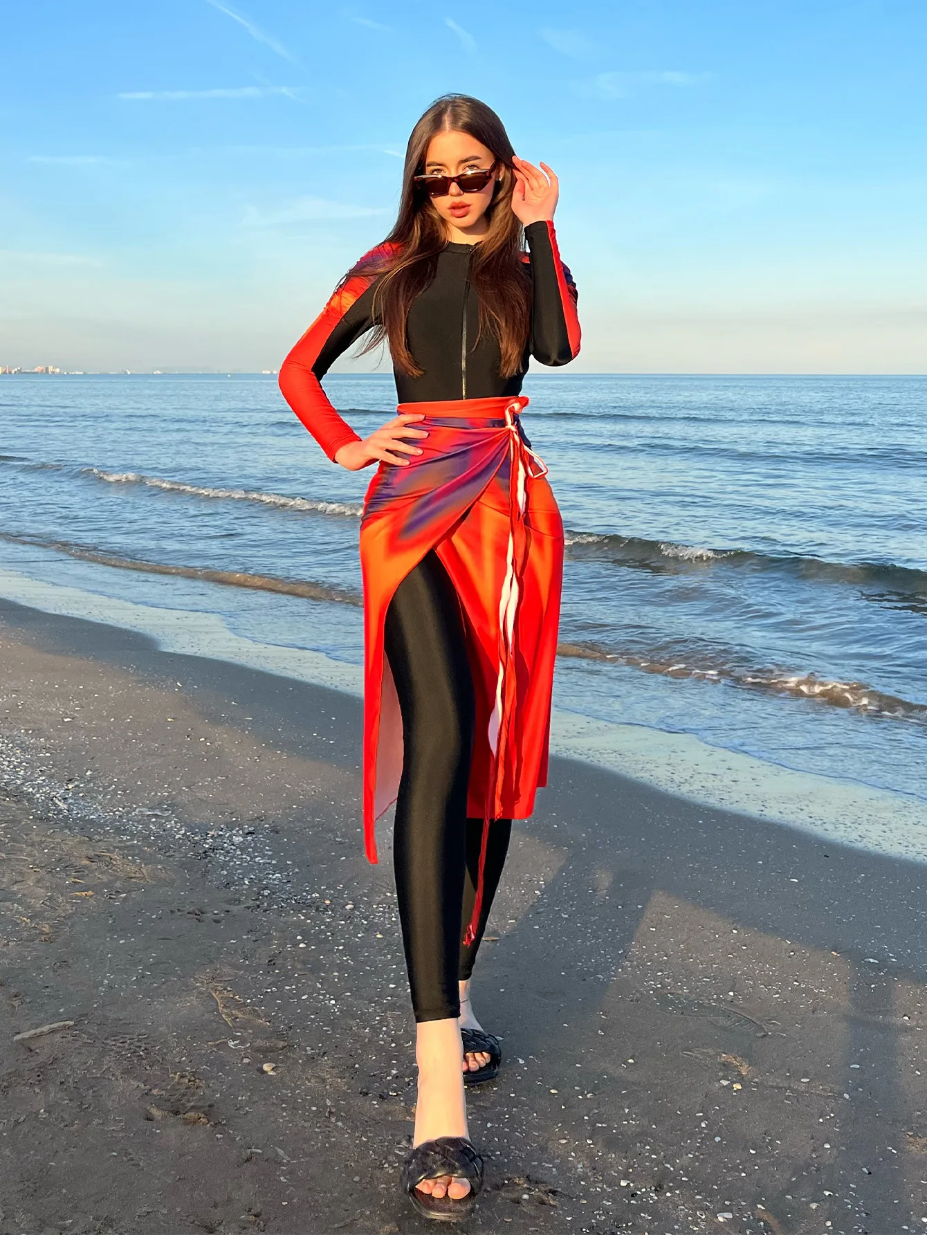 Burkini Femmes muslimische Damen Bade bekleidung dreiteilige rote Farbverlauf Langarmhose Sonnencreme Reiß verschluss Bade bekleidung Sommer Strand kleidung