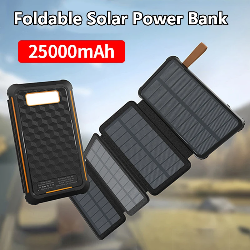 

Folding Solar Power Bank 25000mAh Waterproof Portable 2.1A Fast Charging Poverbank Solar Panel Charger Powerbank for Smartphones