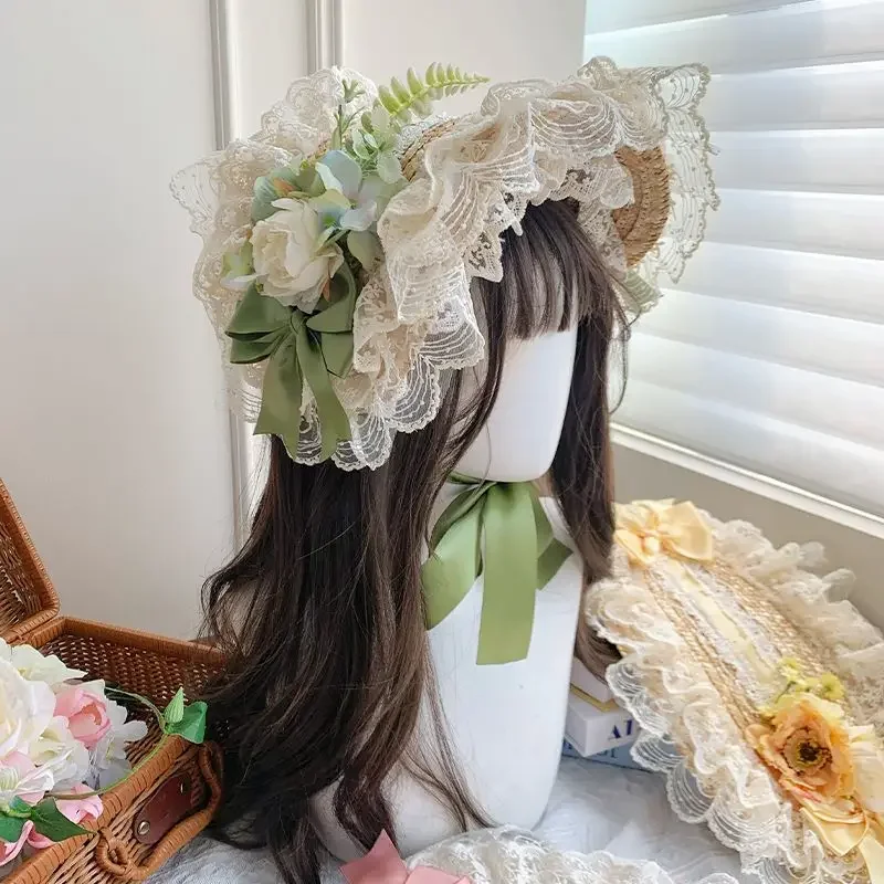 Lolita Flower Elegant Flat Hat Weaving Hat Flower Wedding Tea Party Pastoral Straw Hat Lace European Style Clothing Accessories