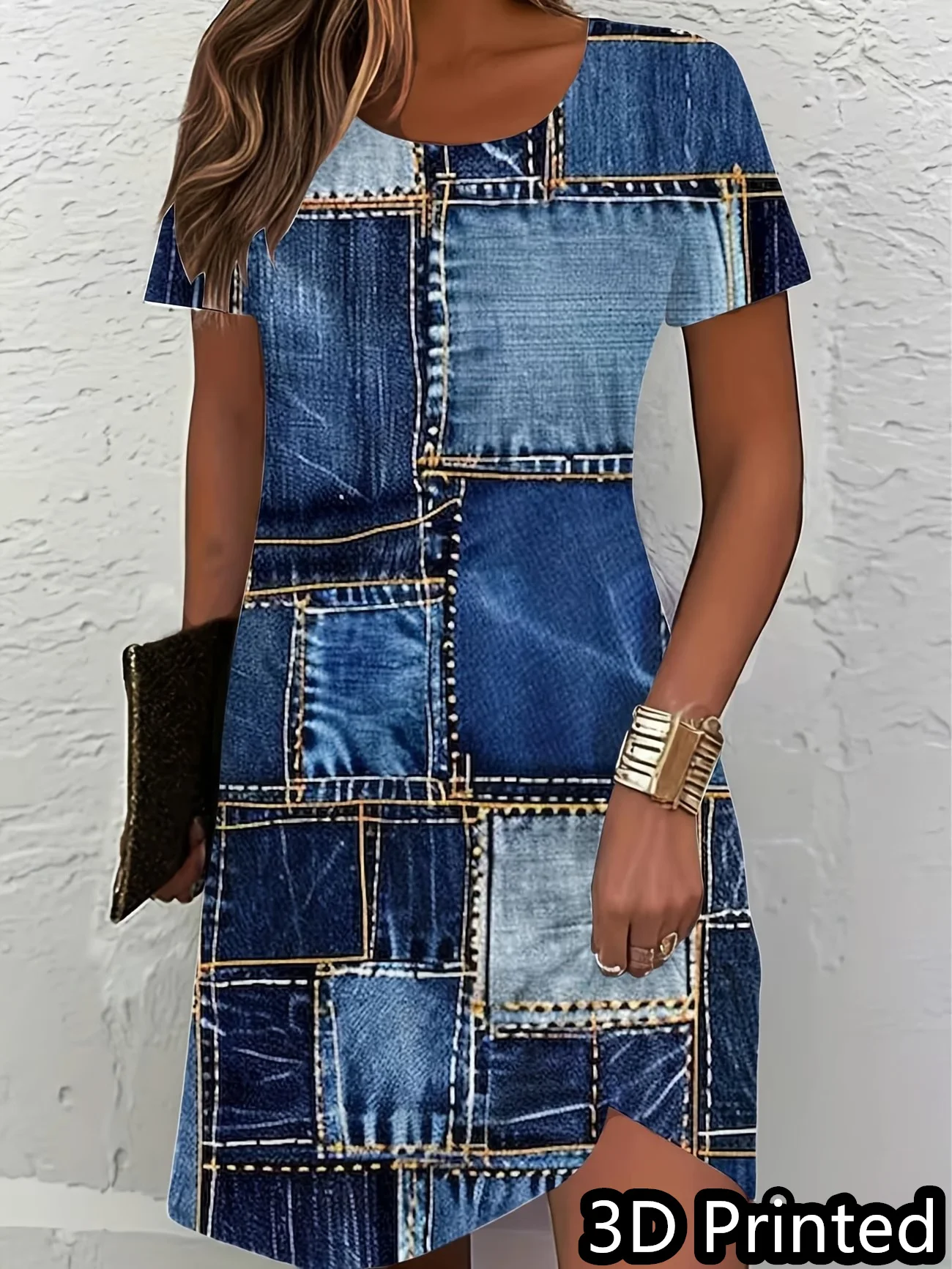 Ladies Summer Short Sleeve round Neck Print Dress 3D Retro Patchwork Blue Print Casual Elegant Women's Clothing