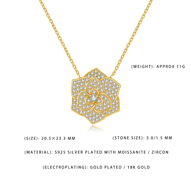 

Серебряное колье S925 с позолотой и муассанитом в форме розы для женщин, роскошный кулон-цветок с цирконами, ювелирное украшение для свадьбы и вечеринок