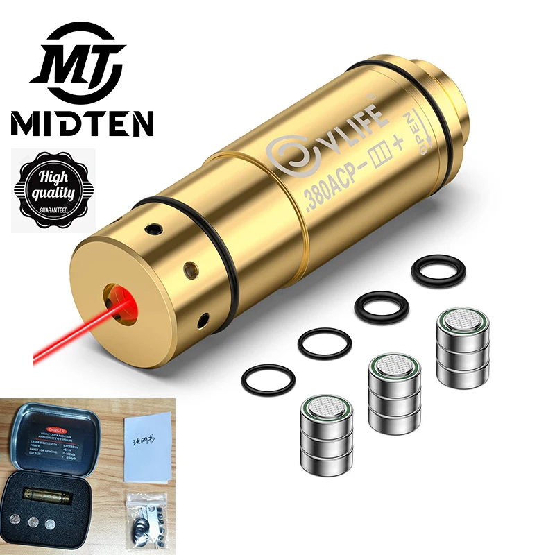 MidTen Tactical .380 Laser Training Cartridge with 9 Batteries for Dry Fire Training Dot Boresighter Scopes Hunting Aiming Optic