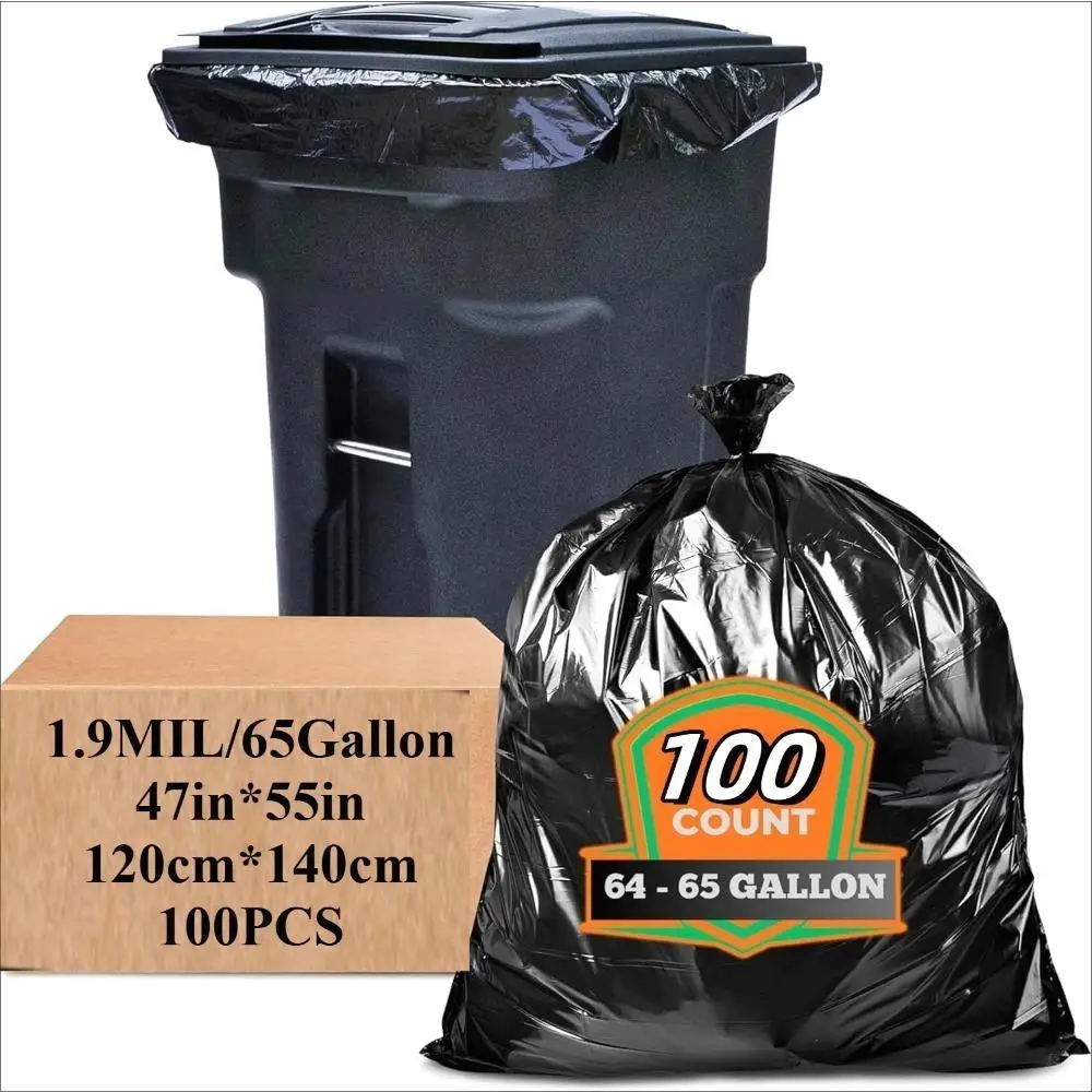 

High Capacity 65 Gallon Heavy-Duty Garbage Bags - 1.9 MIL Industrial Strength, Leak-Proof for Outdoor & Household Use