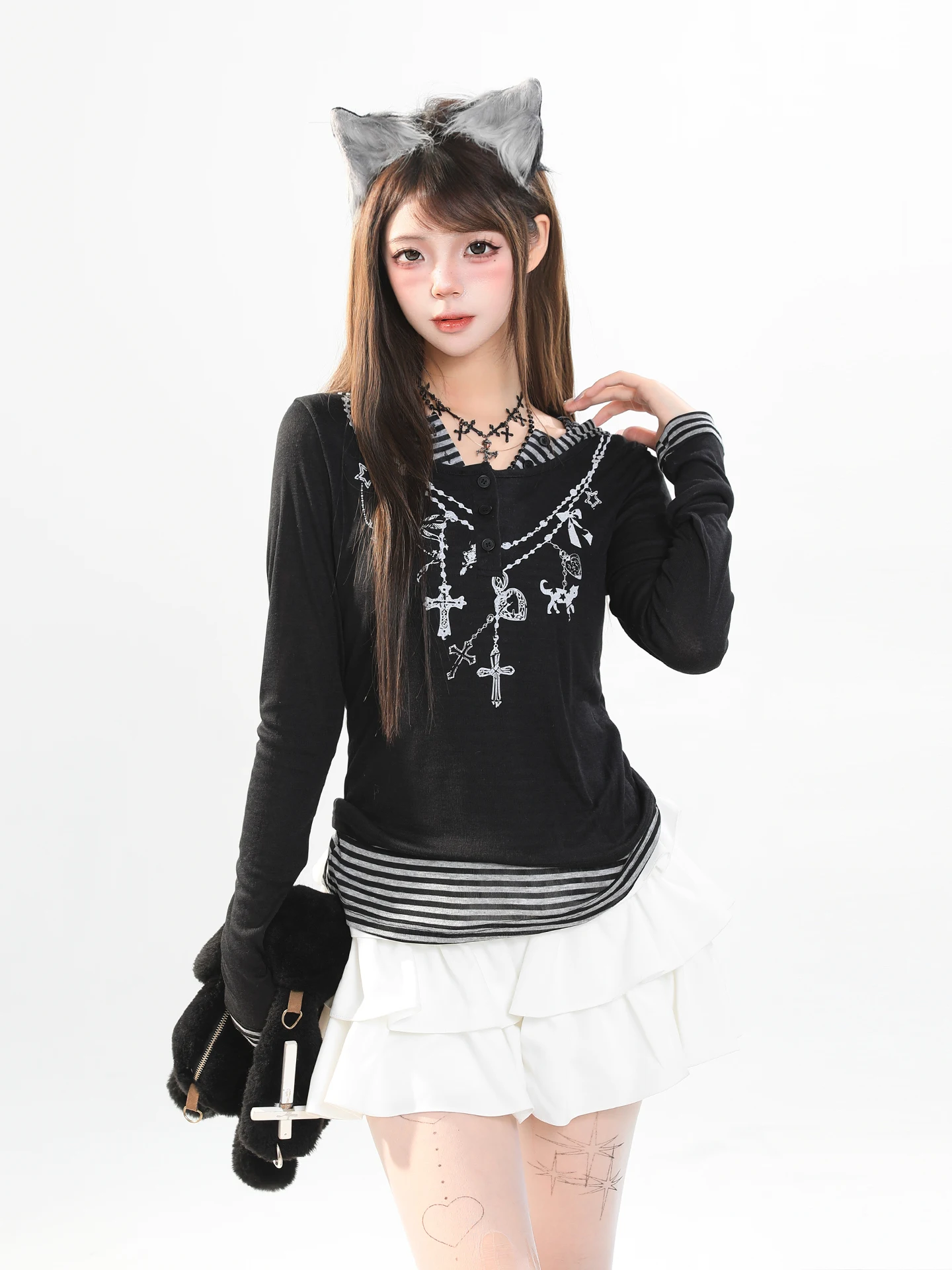 Korean Style Long Sleeve T-Shirt Women's Spring Casual Striped round Neck Slimming Beautiful Top Color Block Letter Print