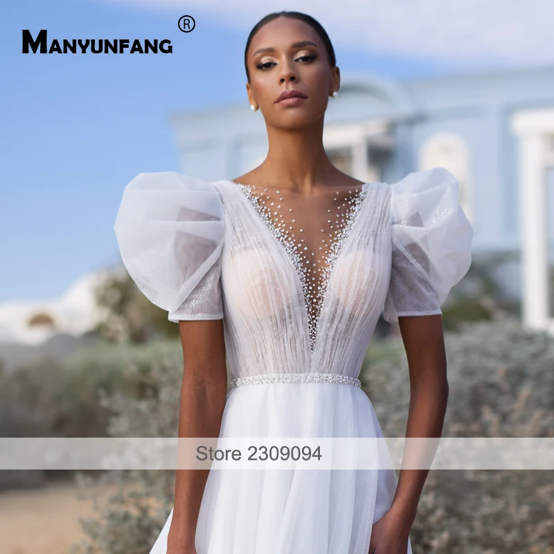 Illusion Robe Mariee Lantern Sleeves Vestidos Blancos Beads Belt Robe Blanche Long Beach Plus Size Wedding Dresses For Bride