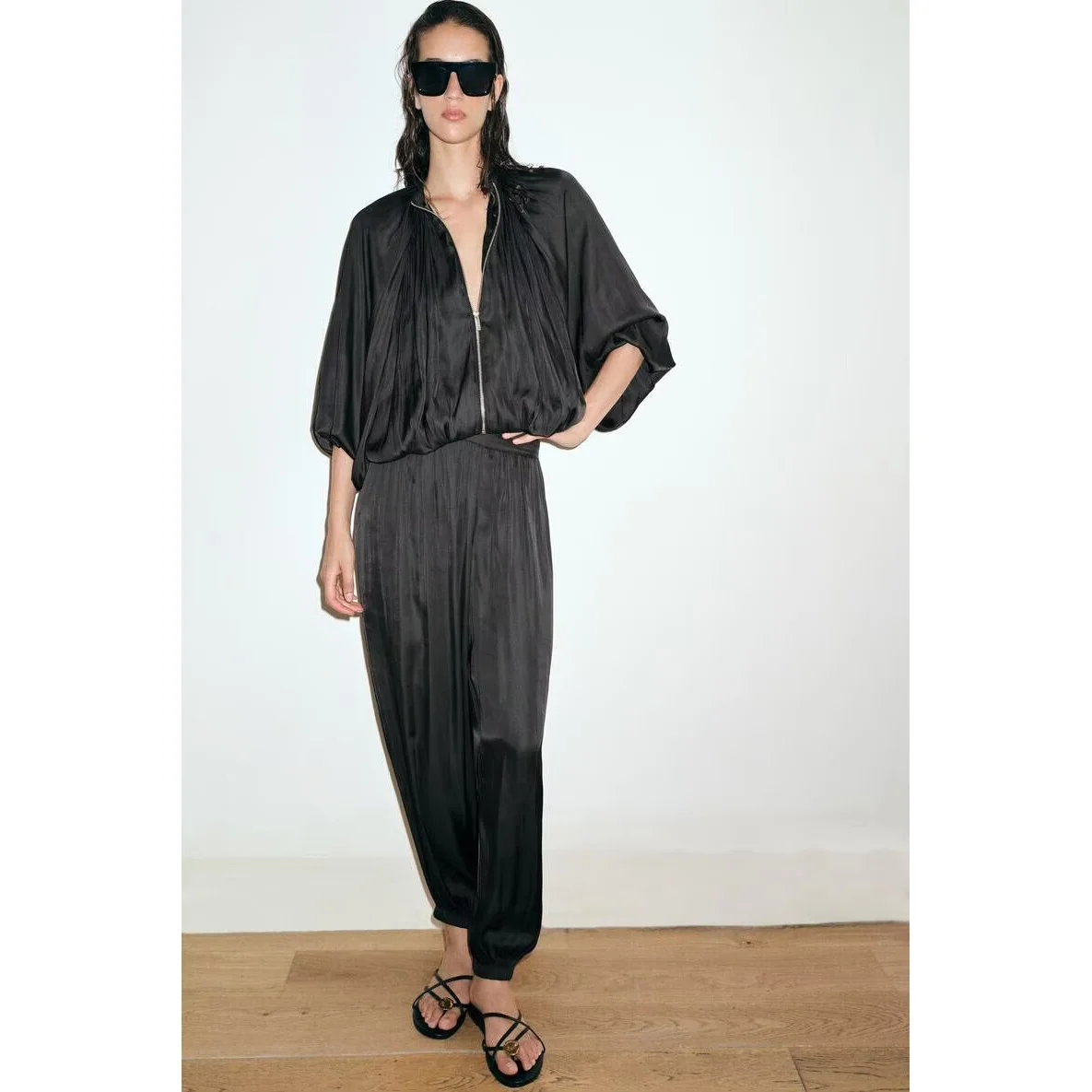 Spring Summer New Women's Bubble Sleeve Top Lantern Pants Set Polyester Fiber Zipper Closure Short Jacket Style Fashionable