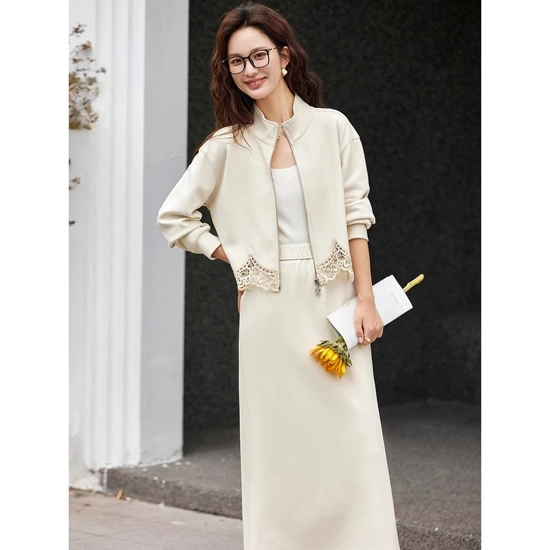 

VIMLY Elegant Female Apricot Skirts Sets Spliced Lace Hollow Out Tops Midi Skirt Autumn 2025 Casual Ladies Two Piece Sets A1991