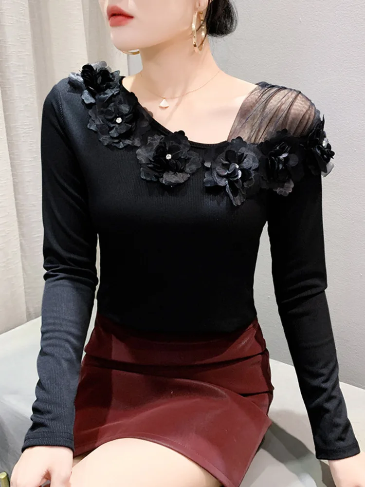 Fashionable Autumn New Slanted Neck Sexy Top, Light Luxury Flower Tight Fitting, Slimming Temperament Top