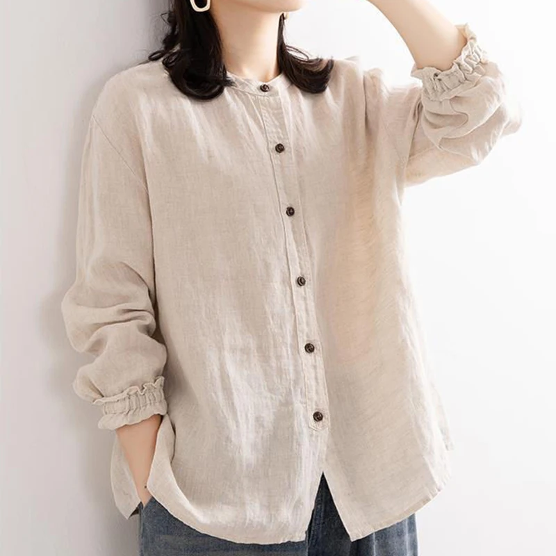 MEXZT Vintage Harajuku Cotton Linen Long Sleeve Women Shirts Fall Casual Korean Loose Office Lady O-Neck Top Solid Blouses New