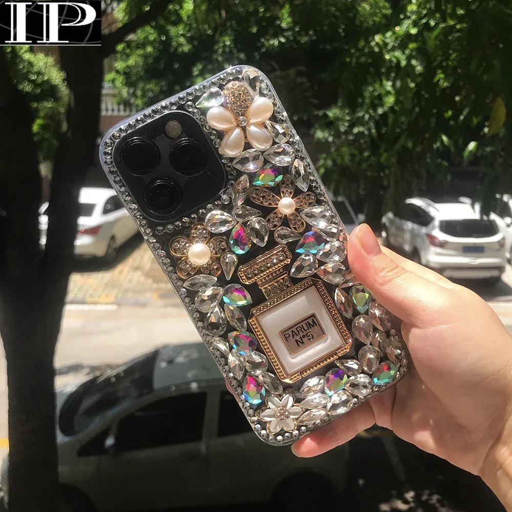 Luxury Rhinestone Perfume Bottle Mirror Bracket Case For Samsung S23 S22 S21 S20 Ultra A14 A42 A72 A73 A52 Flowers Crystal Cover