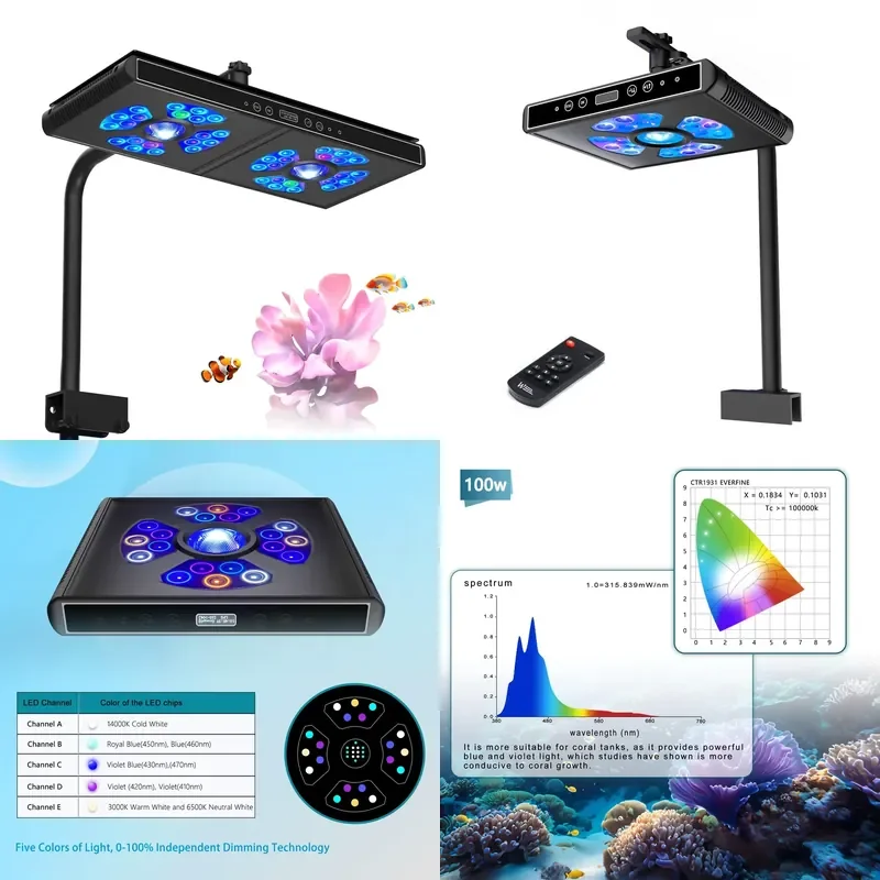 100W 200W 5 Channel Blue UV Light 6 Channel Smart Full Spectrum Programmable Seawater Aquarium Coral Reef LED Light