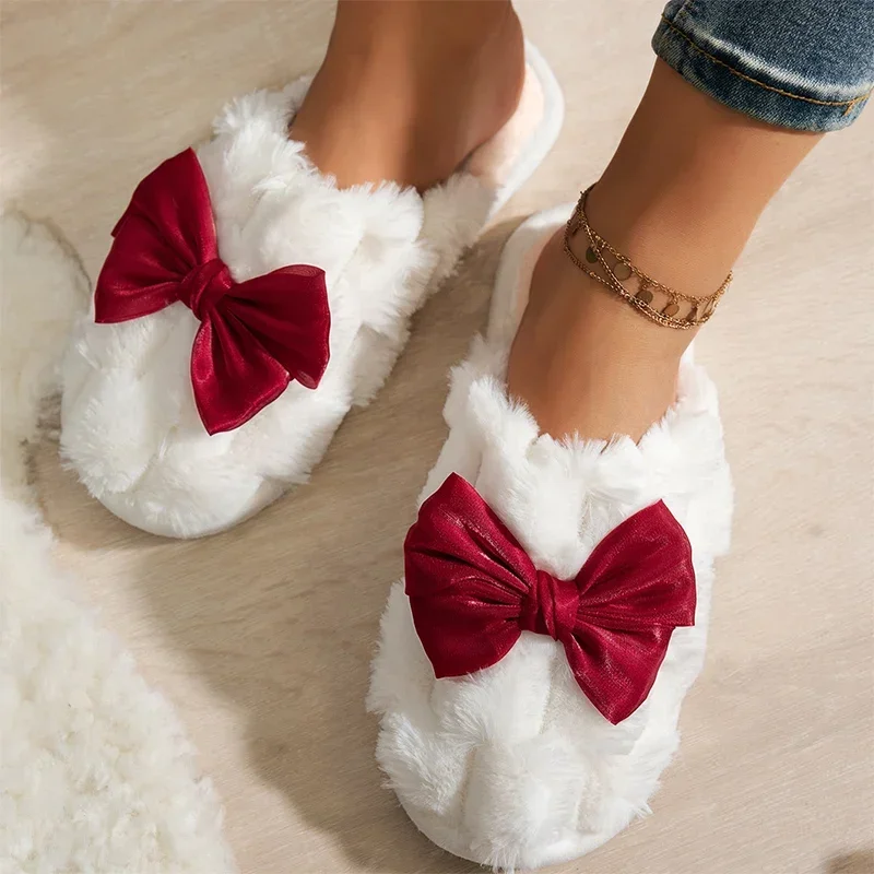 Silk Bowknot Fashion Pink  Home Cotton Shoes 2026 Winter Comfy Plush Fleece Indoor Floor Slippers Women's Light Anti Slip Slides