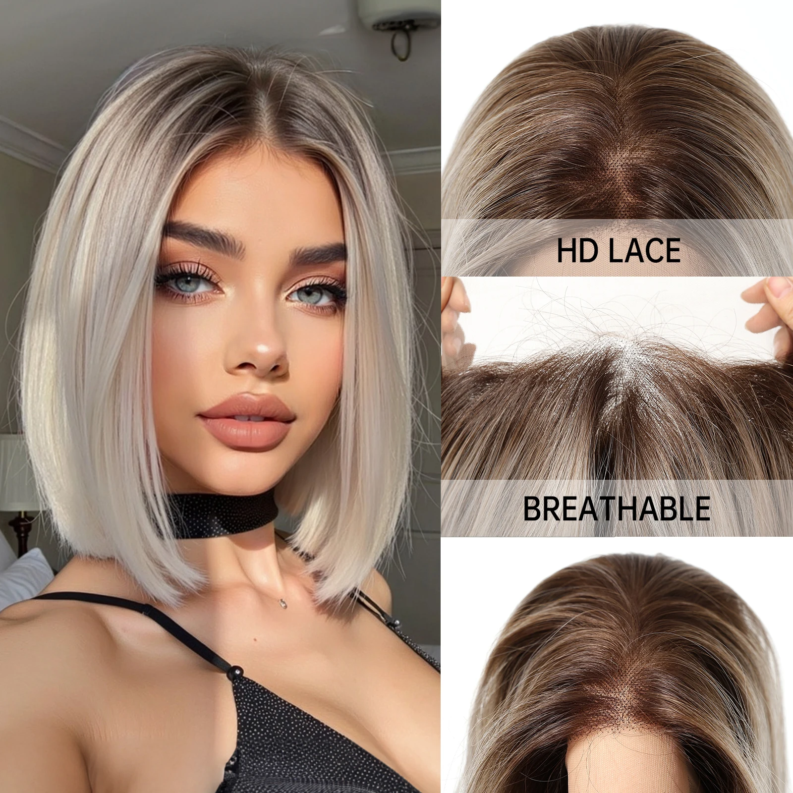 قصيرة مستقيم الدانتيل الاصطناعية خصلات الشعر المستعار أومبير البلاتين شقراء الظلام الجذر شعر مستعار مقاومة للحرارة شعر مستعار تأثيري للنساء الاستخدام اليومي