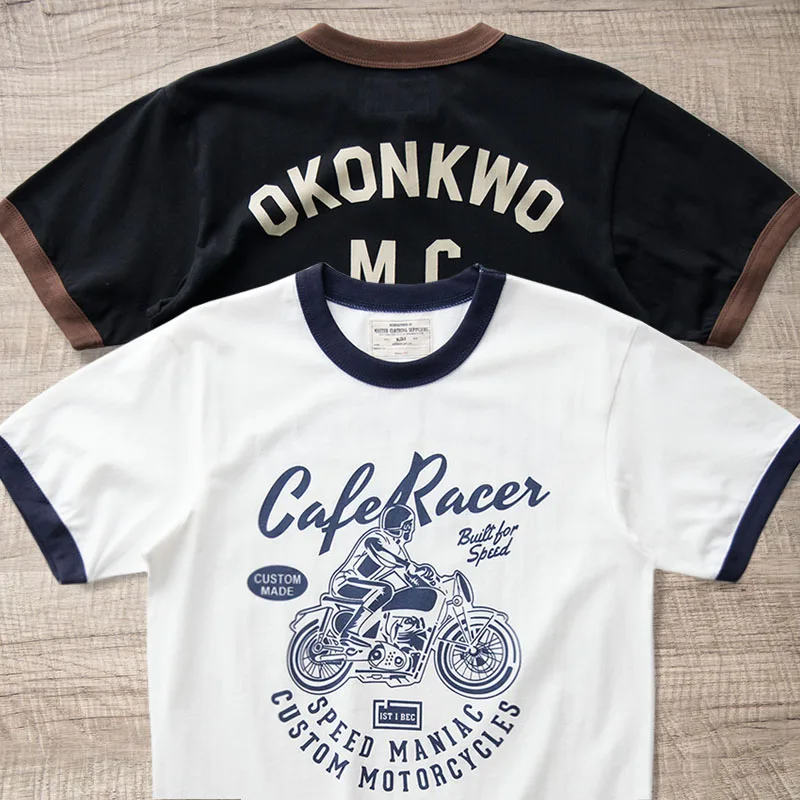

American Retro Motorcycle Print Cotton T-Shirt Men's Short Sleeve round Neck Pure Color Youth Summer Casual Style OKONKWO