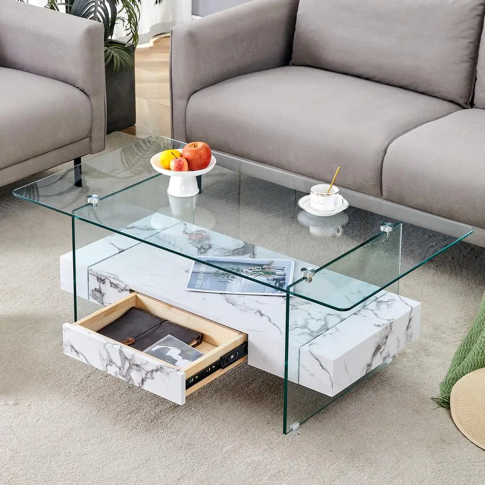 

Modern 43.3 Inch Two-Tier Coffee Table Clear Tempered Glass White Marble Texture Drawer Storage Living Room Furniture