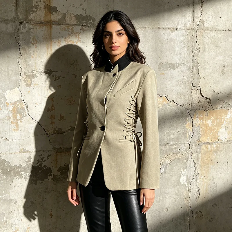 ZAMOR HIGH QUALITY Women's Stand Collar Blazer 2026 New Fashion Belted Waist Slim Fit Single Breasted Suit Jacket Autumn