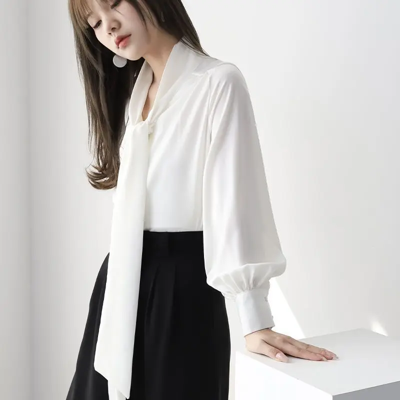 Bow Shirts Women Solid Elegant Formal Office Lady Chiffon Designed All-match Fashion Korean Style Tops Simple Loose Comfortable