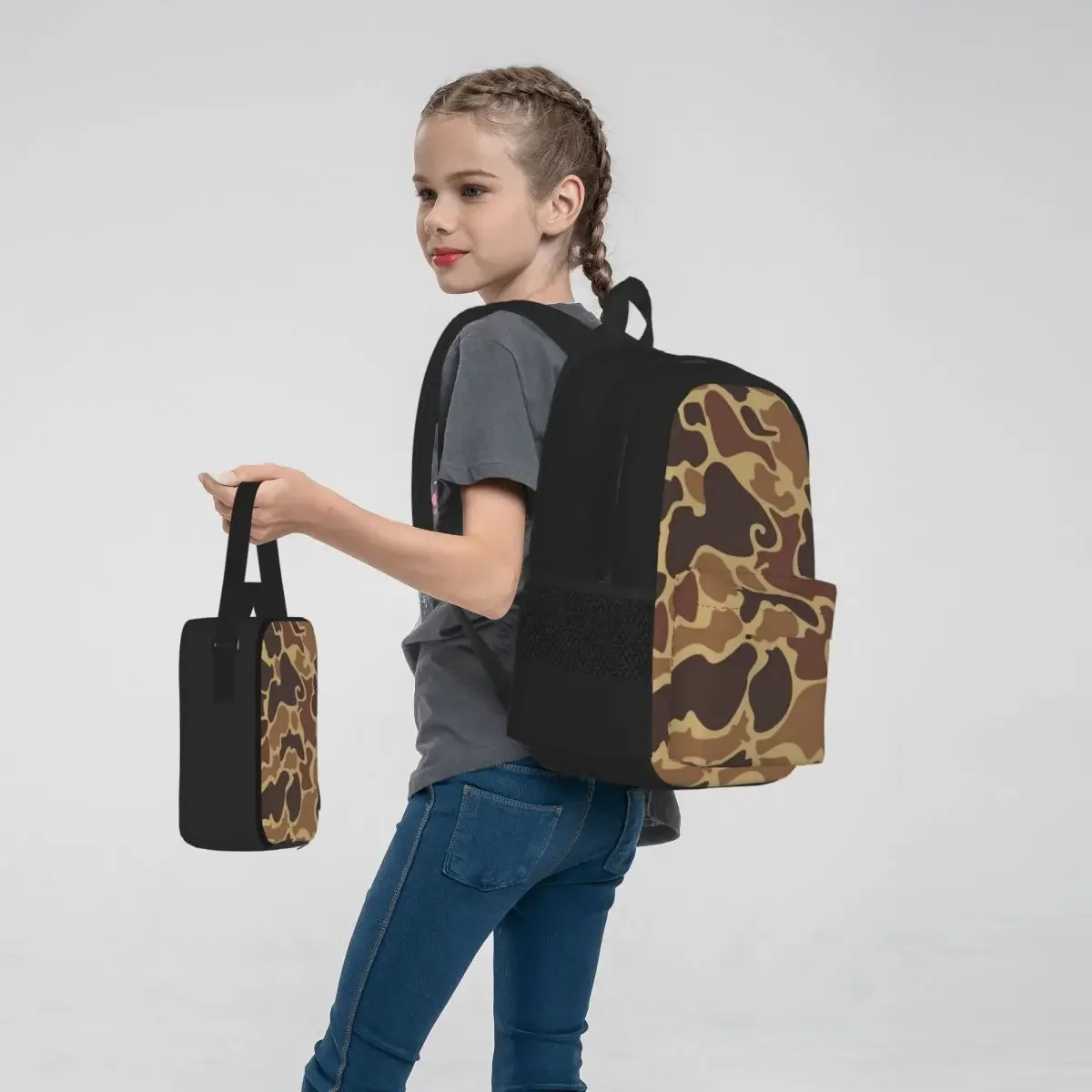 Duck Camo Backpacks Boys Girls Bookbag Children School Bags Cartoon Kids Rucksack Lunch Bag Pen Bag Three-Piece Set