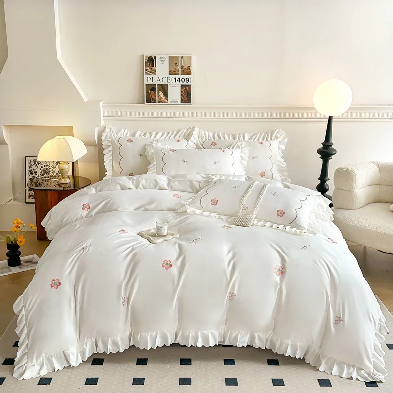 Luxury 2025 Bed Linen Set, Ice Silk, Princess - Style with Ruffles and Korean Style Embroidery, Fits 1.2m, 1.5m, 1.8m, 2.0m Beds