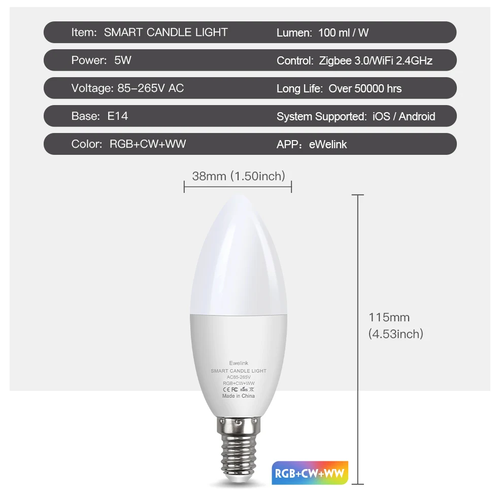 Ewelink E14 Led Bulb 100-240V Candle Bulb Zigbee WiFi RGB W WW Dimmable Led Chandelier Light Spotlight Led for Home Decoration