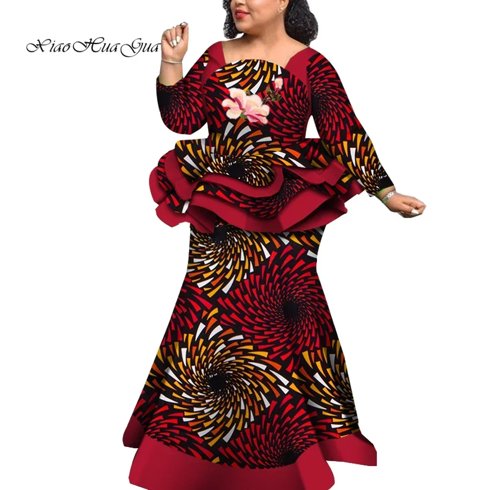 2 Pieces Set Africa Style Outfits Set for Women Long Sleeve Ruffled Tops and Long Mermaid Skirt Plus Size Women Suits WY5992