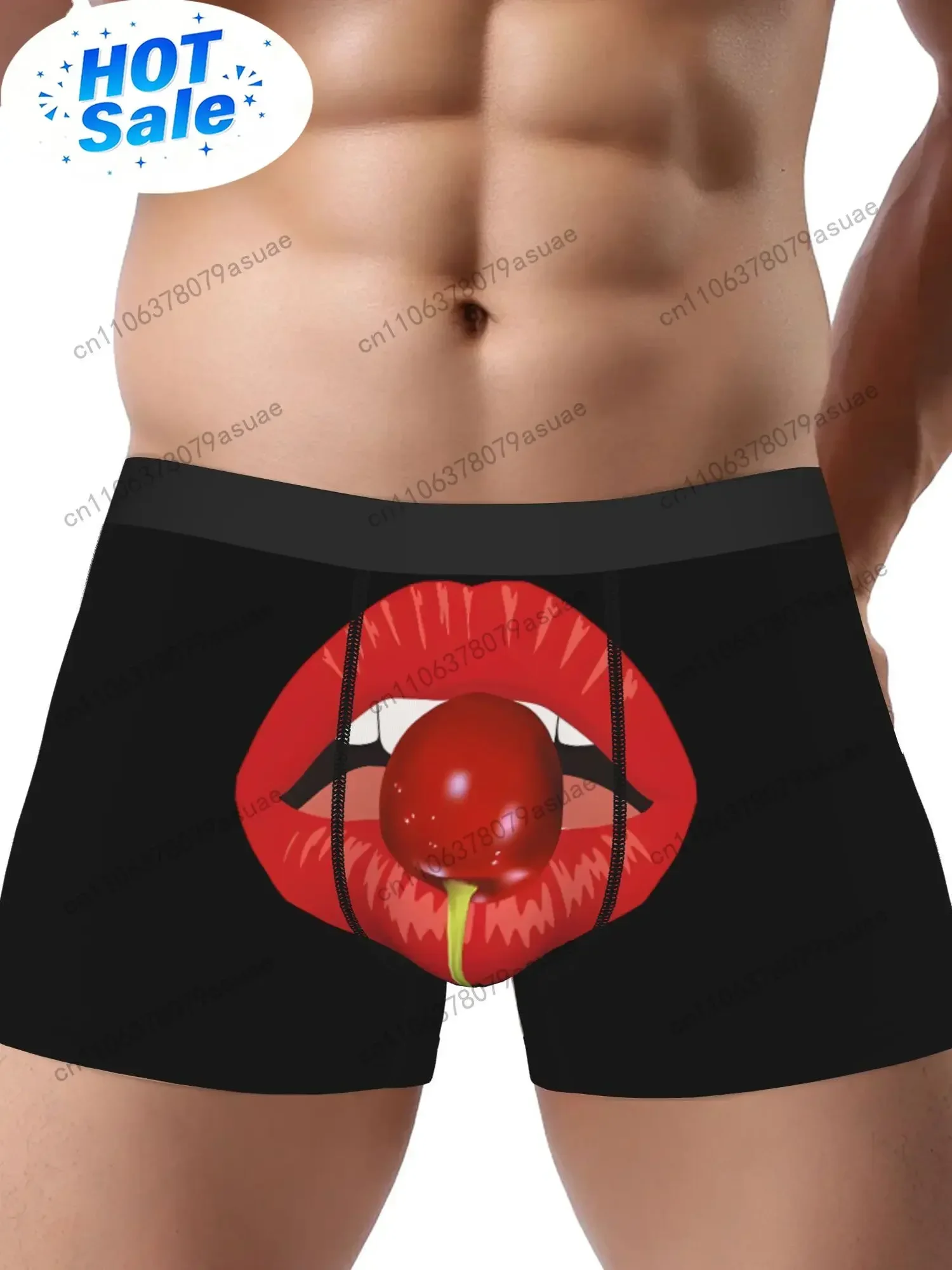 Men'S Sexy Cherry Lips Graphic Boxer Briefs Bold Red Lips Cherry Design, Stretch Comfort Fit Underwear for Everyday Black